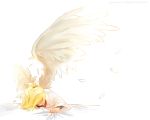  1girl bed bed_sheet black_shirt blonde_hair clenched_hand crying feathered_wings feathers hair_ornament hair_tie highres labcoat long_sleeves mangododo mercy_(overwatch) overwatch ponytail shirt simple_background solo spread_wings teardrop tears twitter_username white_background wings 