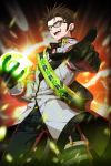  1boy ball black_gloves brown_hair comiccho eric_(soccer_spirits) glasses gloves glowing green_eyes jpeg_artifacts looking_at_viewer male_focus open_mouth pointing sash soccer_spirits solo standing star 