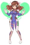  1girl acronym bangs bodysuit boots bracer breasts breasts_apart brown_eyes brown_hair bunny_print d.va_(overwatch) evil_smile eyebrows eyebrows_visible_through_hair facepaint facial_mark full_body gloves hands_up headphones long_hair long_sleeves medium_breasts open_mouth overwatch pauldrons pilot_suit ribbed_bodysuit shoulder_pads skin_tight smile solo standing thigh-highs thigh_boots thigh_strap turtleneck whisker_markings white_boots white_gloves 