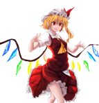  1girl :d ascot blonde_hair bloom cowboy_shot crystal drooling flandre_scarlet hat hat_ribbon highres homo_1121 looking_away mob_cap open_mouth puffy_short_sleeves puffy_sleeves red_eyes red_ribbon red_shirt red_skirt ribbon shirt short_sleeves side_ponytail skirt skirt_set smile solo touhou untucked_shirt wings 
