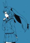  1girl bangs blunt_bangs blush kouji_(campus_life) long_hair looking_to_the_side monochrome nipa-ko profile sailor school_uniform simple_background skirt sleeves_past_wrists solo twintails ultimate_nipper 
