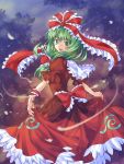  1girl :d arm_ribbon blush bow dress dress_lift frills front_ponytail green_eyes green_hair hair_bow hair_ribbon kagiyama_hina lifted_by_self looking_at_viewer open_mouth pico_(picollector79) puffy_short_sleeves puffy_sleeves red_bow red_dress red_ribbon revision ribbon short_sleeves smile solo touhou 