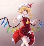  1girl :d ascot blonde_hair cowboy_shot crystal drooling flandre_scarlet hat hat_ribbon highres homo_1121 looking_away mob_cap open_mouth puffy_short_sleeves puffy_sleeves red_eyes red_ribbon red_shirt red_skirt ribbon shirt short_sleeves side_ponytail skirt skirt_set smile solo touhou untucked_shirt wings 