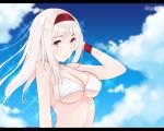  1girl bikini breasts brown_eyes cleavage clouds collarbone day hair_between_eyes hand_behind_head kantai_collection kiyomin letterboxed long_hair red_hairband shoukaku_(kantai_collection) smile solo swimsuit under_boob upper_body white_bikini white_hair wristband 