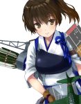  1girl arrow asymmetrical_hair blue_ribbon brown_eyes brown_gloves brown_hair closed_mouth collarbone fletches flight_deck gloves hair_tie japanese_clothes kaga_(kantai_collection) kantai_collection kimono looking_at_viewer muneate plant quiver ribbon short_sleeves side_ponytail simple_background smile solo white_background yone 