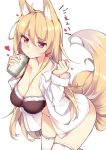  1girl animal_ears black_bra blonde_hair blush bra breasts can cleavage fox_ears fox_tail hair_tie haruyuki_(yukichasoba) heart holding large_breasts leaning_forward long_hair no_pants open_clothes open_shirt original pout shirt simple_background solo tail thigh-highs underwear violet_eyes white_background white_legwear 