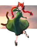 1girl :d absurdres adapted_costume ahoge animal_ears bare_shoulders black_bow black_shoes blush bow braid breasts cat_ears cat_tail dress extra_ears fang full_body green_dress hair_tucking highres kaenbyou_rin long_sleeves looking_away mappe_(778exceed) medium_breasts multiple_tails nekomata open_mouth red_eyes redhead shoes smile solo tail touhou twin_braids 