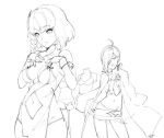  2girls ^_^ ahoge braid breasts character_request cleavage closed_eyes copyright_request dress hair_over_one_eye mannequin monochrome multiple_girls navel_cutout shimotsuki_eight short_hair simple_background single_braid sketch white_background 