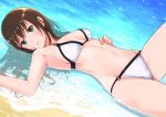  1girl beach bikini blush breasts brown_hair cleavage commentary_request deca_purio earrings green_eyes idolmaster idolmaster_cinderella_girls jewelry long_hair looking_at_viewer lying navel ocean on_back outdoors parted_lips partially_submerged sand shibuya_rin solo swimsuit water wet white_bikini 