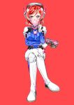  1girl absurdres blush bodysuit bubble_blowing bubblegum crossed_legs d.va_(overwatch) d.va_(overwatch)_(cosplay) facial_mark gloves gun handgun headgear headphones highres jindai3663 love_live! love_live!_school_idol_project nishikino_maki overwatch pistol playing_with_own_hair redhead short_hair simple_background sitting solo violet_eyes weapon 