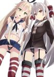  2girls alternate_eye_color amatsukaze_(kantai_collection) arm_at_side arm_behind_back ass_visible_through_thighs black_panties blonde_hair blue_skirt breasts brown_dress choker crop_top detached_sleeves dress elbow_gloves from_below garter_straps gloves green_eyes hair_between_eyes hair_tubes hairband highleg highleg_panties holding_hands innertube kantai_collection long_hair looking_at_viewer miniskirt multiple_girls navel neckerchief open_mouth panties pantyshot pantyshot_(standing) pleated_skirt pouty_lips red_eyes red_legwear sailor_collar sailor_dress school_uniform serafuku shimakaze_(kantai_collection) shirousa short_dress silver_hair simple_background skirt small_breasts standing striped striped_legwear thigh-highs thighs two_side_up underwear very_long_hair white_background white_gloves windsock 