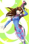 1girl ;o abstract_background bangs blush bodysuit boots bracer breasts brown_eyes brown_hair bunny_print character_name charm_(object) clothes_writing covered_navel cowboy_shot d.va_(overwatch) emblem eyebrows eyebrows_visible_through_hair gloves green_background gun hand_up handgun headphones high_collar highres holding holding_gun holding_weapon legs_together logo long_hair looking_at_viewer medium_breasts miringx2 one_eye_closed open_mouth outstretched_arm overwatch pauldrons pilot_suit pistol ribbed_bodysuit shoulder_pads signature smile solo swept_bangs thigh-highs thigh_boots thigh_gap thigh_strap trigger_discipline turtleneck weapon white_gloves 
