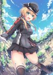  1girl anchor_hair_ornament aqua_eyes ass_visible_through_thighs black_ribbon blonde_hair clouds cloudy_sky fisheye gloves hair_ornament hat iron_cross kantai_collection kneehighs long_hair long_sleeves low_twintails military military_hat military_uniform peaked_cap pleated_skirt prinz_eugen_(kantai_collection) ribbon skirt sky solo splashing twintails uniform vashaps2 water white_gloves 
