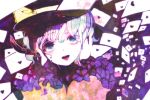  1girl anabone blue_eyes bow colorful commentary_request droplets envelope hat hat_bow hat_ribbon heart komeiji_koishi letter looking_at_viewer open_mouth ribbon short_hair smile solo touhou white_hair 