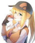  1girl azalanz baseball_cap black_gloves black_hat blonde_hair blush breast_hold breasts choker cleavage collarbone eyebrows eyebrows_visible_through_hair female_protagonist_(pokemon_go) fingerless_gloves gloves hair_between_eyes hat holding holding_poke_ball licking long_hair long_sleeves looking_at_viewer medium_breasts poke_ball pokemon pokemon_go ponytail saliva sidelocks signature simple_background solo tongue tongue_out upper_body white_background 