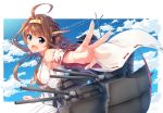  1girl :d ahoge blush breasts brown_hair clouds detached_sleeves eyebrows eyebrows_visible_through_hair fingernails hair_bun hairband head_tilt highres kantai_collection kongou_(kantai_collection) long_hair looking_at_viewer machinery nontraditional_miko open_mouth ribbon-trimmed_sleeves ribbon_trim sarashi signature sky smile solo sora_from_france violet_eyes 