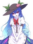  1girl black_hat blue_hair blue_skirt bow bowtie breasts buttons center_frills cowboy_shot eyebrows eyebrows_visible_through_hair food fruit gradient_hair hair_between_eyes hat hat_ornament highres hinanawi_tenshi leaf looking_at_viewer miata_(miata8674) multicolored_hair pale_skin peach puffy_short_sleeves puffy_sleeves red_bow red_bowtie red_eyes shirt short_sleeves simple_background skirt small_breasts solo standing touhou v_arms white_background white_shirt white_skin 