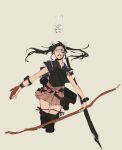  1girl 3107_(satona) black_hair bow highres kantai_collection sketch skirt solo tan_background thigh-highs twintails yugake zuikaku_(kantai_collection) 