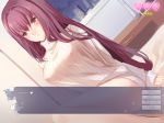  ... 1girl blush cherinova covered_nipples dutch_angle fake_screenshot fate/grand_order fate_(series) frown heart long_hair naked_sweater on_bed purple_hair red_eyes ribbed_sweater scathach_(fate/grand_order) sitting solo sweater 