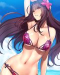  1girl arm_up ban bare_shoulders bikini breasts clouds fate/grand_order fate_(series) flower from_below hair_flower hair_ornament highres large_breasts looking_at_viewer navel ocean parted_lips purple_hair red_eyes scathach_(fate/grand_order) sky solo swimsuit water 