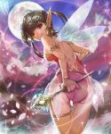  1girl ass brown_eyes brown_hair clouds earrings fairy_wings fufuhol jewelry looking_back moon original outdoors parted_lips petals pink_sky solo sparkle standing wand wings 