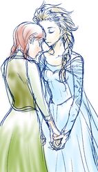  2girls anna_(frozen) blonde_hair braid closed_eyes couple elsa_(frozen) frozen_(disney) holding_hands incest multiple_girls orange_hair siblings single_braid sisters sketch taro_(116taro) twin_braids yuri 