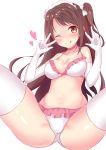  1girl ;p bikini breasts brown_eyes brown_hair cleavage double_v elbow_gloves frilled_bikini frills gloves highres idolmaster idolmaster_cinderella_girls long_hair one_eye_closed one_side_up shimamura_uzuki solo swimsuit thigh-highs tongue tongue_out v yuuyu 