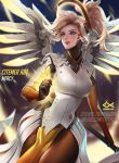  1girl blonde_hair blue_eyes breasts citemer large_breasts mechanical_halo mechanical_wings mercy_(overwatch) overwatch pantyhose play_of_the_game ponytail solo staff wings 