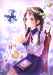  1girl black_hair blush book braid brown_eyes bubble butterfly chair fish flower goldfish goto_p hair_flower hair_ornament head_wreath long_hair original school_uniform sitting solo twin_braids 