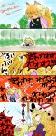  2girls 5koma absurdres animal_ears blonde_hair child cicada comic commentary dress fleeing flying_sweatdrops forest fox_ears fox_tail gap highres komaku_juushoku multiple_girls nature poking purple_dress tail touhou translated yakumo_ran yakumo_yukari younger 