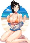  1girl absurdres bare_shoulders barefoot beach bikini black_hair blush breasts brown_eyes collarbone highres idolmaster idolmaster_cinderella_girls large_breasts long_hair looking_at_viewer mukai_takumi ocean off_shoulder orange_bikini ponytail shigatsugata sitting sky solo swimsuit unzipped yokozuwari 