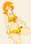  1girl absurdres alternate_costume bikini bracelet breasts commentary_request front-tie_top happinesscharge_precure! highres jewelry kneeling looking_at_viewer monochrome navel oomori_yuuko precure short_hair simple_background small_breasts smile solo swimsuit 