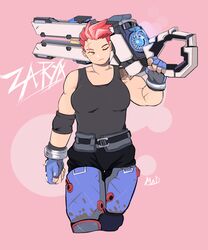  1girl biceps gun highres muscle muscular_female one_eye_closed over_shoulder overwatch pink_hair pk4g railgun scar solo tank_top tattoo toned weapon weapon_over_shoulder zarya_(overwatch) 