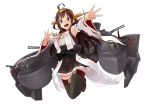  1girl ahoge boots brown_eyes brown_hair detached_sleeves hairband headgear japanese_clothes kantai_collection kongou_(kantai_collection) looking_at_viewer nontraditional_miko open_mouth outstretched_arm rigging sketch skirt smile solo thigh-highs watanore white_background wide_sleeves 