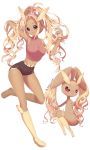  1girl animal_ears arms_up black_sclera blonde_hair boots breasts crop_top cutoffs dark_skin furry hands_in_hair highres knee_boots long_hair lopunny midriff navel personification pink_eyes pokemon pokemon_(creature) pokemon_(game) ponytail rabbit_ears short_shorts shorts sleeveless smile standing standing_on_one_leg very_long_hair 