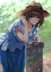  1girl adjusting_hair bent_over black_hair blue_eyes blurry bokeh breasts depth_of_field dress drinking_fountain hat highres idolmaster idolmaster_cinderella_girls jewelry leaning_forward long_hair murasame_nohito necklace open_mouth sagisawa_fumika solo sparkle straw_hat sun_hat water 