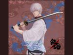  1boy from_side frown gintama hair_over_one_eye half-closed_eyes holding holding_sword holding_weapon japanese_clothes katana male_focus red_eyes sakata_gintoki serious solo sword tatsuko_(chenzi) upper_body weapon white_hair 