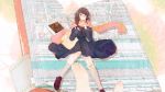  1girl bag bandaid blush book brown_hair digital_media_player glasses hands hands_clasped headphones heart keychain loafers long_hair muted_color neck_ribbon original pages partially_colored pen_(penchop) railroad_tracks ribbon scarf school_uniform shoes shoulder_bag train_station 