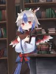  1girl bird_wings blue_hair book head_wings highres holding holding_book horns kibisake multicolored_hair red_eyes silver_hair solo tokiko_(touhou) touhou two-tone_hair wide_sleeves wings 