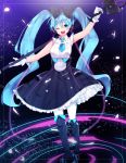 1girl absurdres aqua_eyes aqua_hair boots dress full_body gloves hatsune_miku headphones highres knee_boots long_hair magical_mirai_(vocaloid) microphone_stand one_eye_closed open_mouth pantyhose solo twintails very_long_hair vocaloid white_gloves 