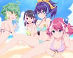  4girls :d ahoge aqua_eyes arm_support bangs bikini blue_eyes blue_hair blue_sky blush bow bracelet breasts cleavage clouds collarbone cup drinking drinking_straw earrings eyebrows eyebrows_visible_through_hair female frilled_bikini frills front-tie_bikini front-tie_top green_eyes green_hair hair_between_eyes hair_bow hair_ornament hair_ribbon halter_top halterneck hand_in_hair hand_on_own_head highres hiiragi_yuzu holding holding_cup jewelry karucho knee_up kurosaki_ruri long_hair looking_at_viewer lying medium_breasts mouth_hold multicolored_hair multiple_girls navel ocean on_stomach open_mouth outdoors paper_cup pink_eyes pink_hair ponytail purple_bikini purple_hair quadruplets ribbon rin_(yuu-gi-ou_arc-v) sand serena_(yuu-gi-ou_arc-v) sitting sky smile stomach strap_gap streaked_hair string_bikini summer sunlight swimsuit two-tone_hair under_boob yellow_bikini yu-gi-oh! yu-gi-oh!_arc-v yuu-gi-ou yuu-gi-ou_arc-v 