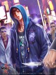  4boys billboard blue_eyes brown_hair chain cigarette city dannis formal furyou_michi_~gang_road~ glasses glint hands_in_pockets highres hood hoodie jacket jewelry knife lamppost multiple_boys necklace night night_sky official_art outdoors ring shirt sign sky smoking standing suit t-shirt tattoo watermark yakuza zipper 