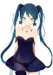 1girl :d arms_behind_back black_dress black_legwear black_panties blue_eyes blue_hair breasts cleavage collarbone dress earrings hair_ornament hair_scrunchie hairclip hatsune_miku jewelry long_hair looking_at_viewer lp_(hamasa00) navel necklace off-shoulder_dress off_shoulder open_mouth panties scrunchie see-through single_thighhigh small_breasts smile solo star star_earrings stomach strapless strapless_dress thigh-highs twintails underwear vocaloid 