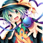  1girl :d blouse chikuwa_savi dutch_angle foreshortening green_eyes green_hair hand_on_own_cheek hat heart heart-shaped_pupils komeiji_koishi long_sleeves looking_at_viewer open_mouth outstretched_hand short_hair smile solo symbol-shaped_pupils third_eye touhou 