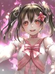  1girl :d black_hair choker earrings flower hair_between_eyes hair_flower hair_ornament hair_ribbon head_tilt jewelry lma love_live! love_live!_school_idol_project open_mouth outstretched_arms red_eyes ribbon smile solo twintails upper_body white_ribbon yazawa_nico 