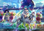  1girl blue_eyes blue_hair boots crossed_legs detached_sleeves dress goodsmile_company goodsmile_racing hair_ornament hatsune_miku holding holding_umbrella kabolatte long_hair sitting smile solo strapless thigh-highs thigh_boots twintails umbrella unicorn vocaloid 