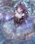  1girl breasts brown_hair circlet cleavage corset from_above fufuhol glowing glowing_eyes highres jewelry large_breasts long_hair looking_at_viewer necklace outstretched_arms pale_skin parted_lips partially_submerged pointy_ears solo tenkuu_no_crystalia 
