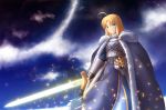  1girl ahoge alternate_hairstyle armor armored_dress blonde_hair cape crown excalibur fate/grand_order fate/stay_night fate_(series) gauntlets green_eyes highres migiha saber smile solo sword type-moon weapon 