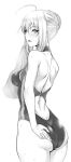  1girl adjusting_clothes adjusting_swimsuit ahoge ass blonde_hair blush braid breasts fate/stay_night fate_(series) monochrome one-piece_swimsuit open_mouth saber shoulder_blades sidelocks solo standing swimsuit towel wet zucchini 