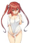  1girl bare_shoulders blush breasts brown_eyes brown_hair cleavage fang highres large_breasts long_hair loose_shirt naked_shirt off_shoulder open_mouth original ruma_imaginary shirt shirt_tug simple_background solo tears twintails white_background white_shirt 